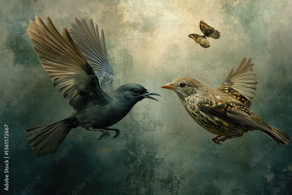 Poster two birds engage in a lively discussion while butterflies flutter nearby in a serene setting, two bi