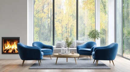 Modern living room with fireplace and autumn view