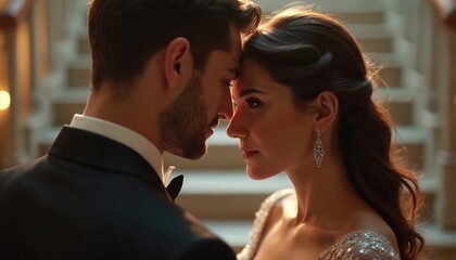 Romantic moment of a couple, man in tuxedo, woman in elegant gown, close. Touching foreheads, tenderness, intimacy. Love, affection. Wedding, celebration of love, formal occasion, relationship.