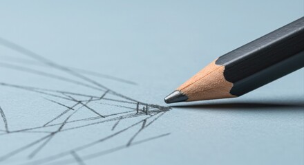 Close-up of a pencil on light blue paper with sketches.