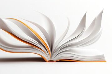 Open book showing dynamic pages in motion with white background highlighting creative design and imagery
