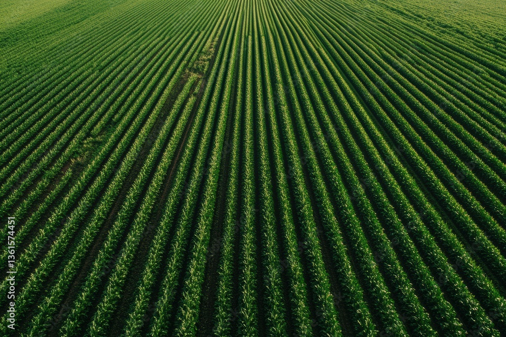 Poster perfectly aligned green crop rows extend into the horizon under soft lighting showcasing natural bea