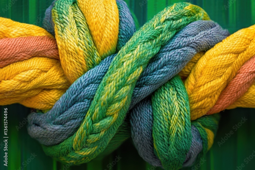 Poster knot intricately woven with vibrant threads showcasing a continuous design in bright colors, continu