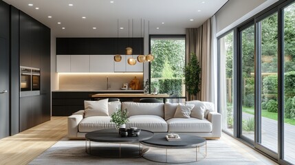 Modern Kitchen-Living Room Interior with Patio View