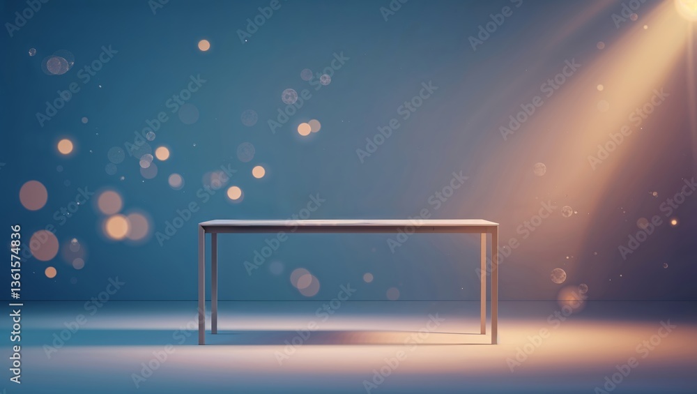 Poster simple wooden table illuminated by soft light with abstract bokeh in a minimalist setting