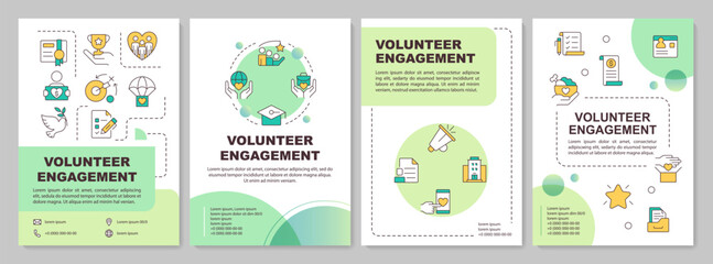 Volunteer engagement green circle brochure template. Non profit organization development. Leaflet design with linear icons. Editable 4 vector layouts. Arial-Bold, Myriad Pro-Regular fonts used