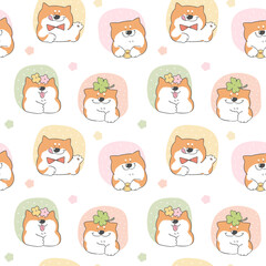 Seamless Childish Pattern with Cute Cartoon Shiba Inu Dog Design on White Background. Hand Drawn Vector Illustration. 
