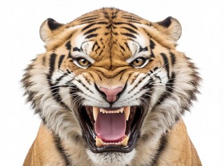 Fototapeta premium Aggressive tiger mid-growl, ears pinned back, on a clean white background.