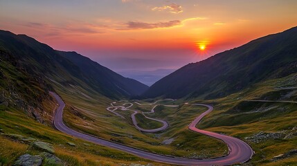Winding mountain road at sunset, scenic valley, tranquil landscape, photo opportunity