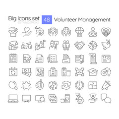 Volunteer management linear icons set. Enthusiasts collaboration for community goals. Non profit organization. Customizable thin line symbols. Isolated vector outline illustrations. Editable stroke