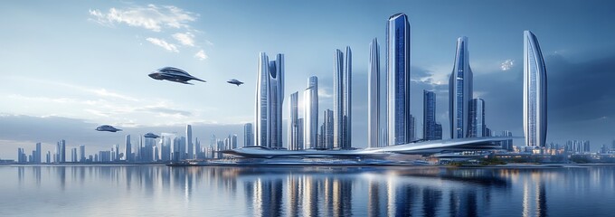 A futuristic cityscape with sleek, metallic skyscrapers and flying cars in the sky