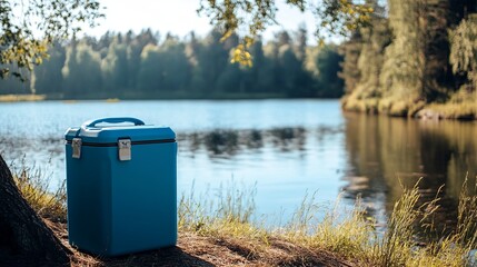 Blue cooler beside the lake, essential camping gear for keeping drinks and food fresh during outdoor adventures
