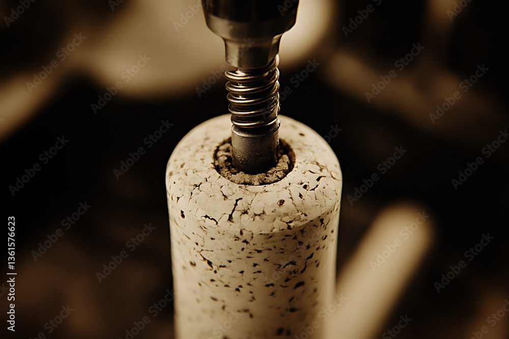 Poster a close-up view of a cork being removed from a bottle using a corkscrew. the corkscrew is inserted i