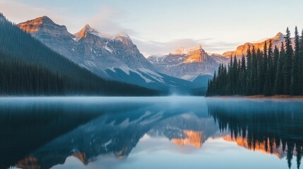 Majestic mountain range reflects in serene lake during golden hour near pine forest