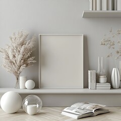 Modern minimalist interior with light gray shelves, abstract sculptures, white candles and spherical lamp for interior design magazines, home decor branding concepts.