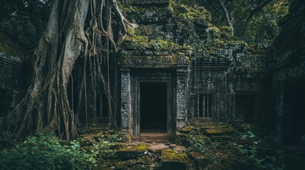 Ancient temple overgrown with massive tree roots in a lush forest during early morning light