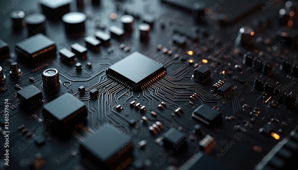Poster close-up computer motherboard circuit board. dark black electronic tech details. ai, ml technology h