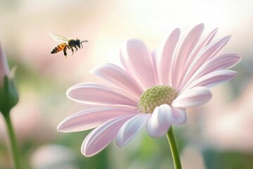 Fototapeta premium Bee hovering near a pink flower in close-up during slow motion, Bee, Flying on Flower closeup view Slow-motion pink white flower