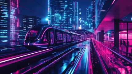 Fototapeta premium Futuristic transit system gliding through a neon-lit urban landscape at night
