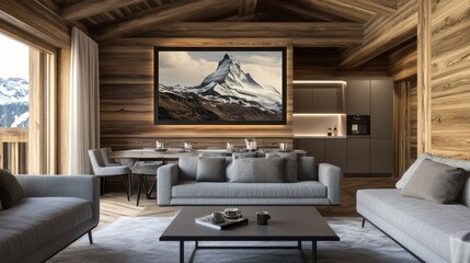 Fototapeta premium Alpine Chalet Living Room, Mountain View, Modern Interior