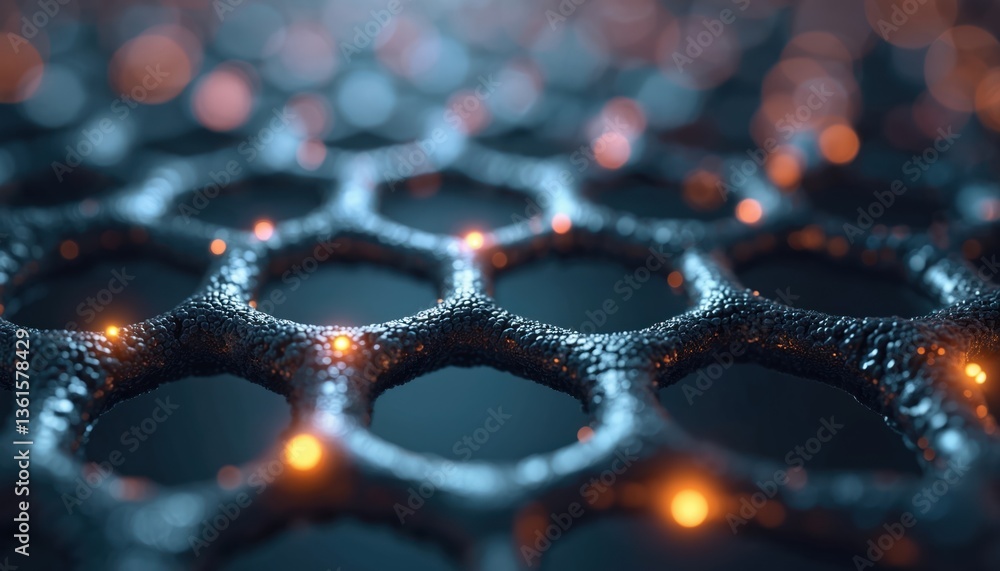 Poster graphene molecular grid. hexagonal atomic structure concept. tech, science, research concepts with n