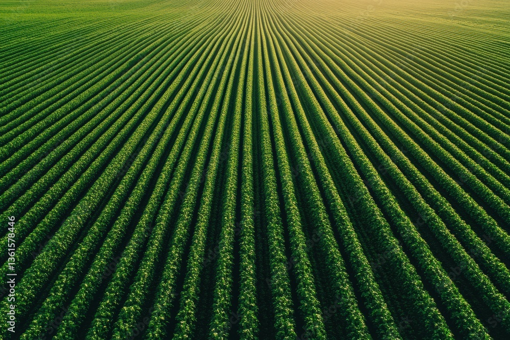 Poster Perfectly aligned green crop rows extend across the landscape under soft lighting Generative AI