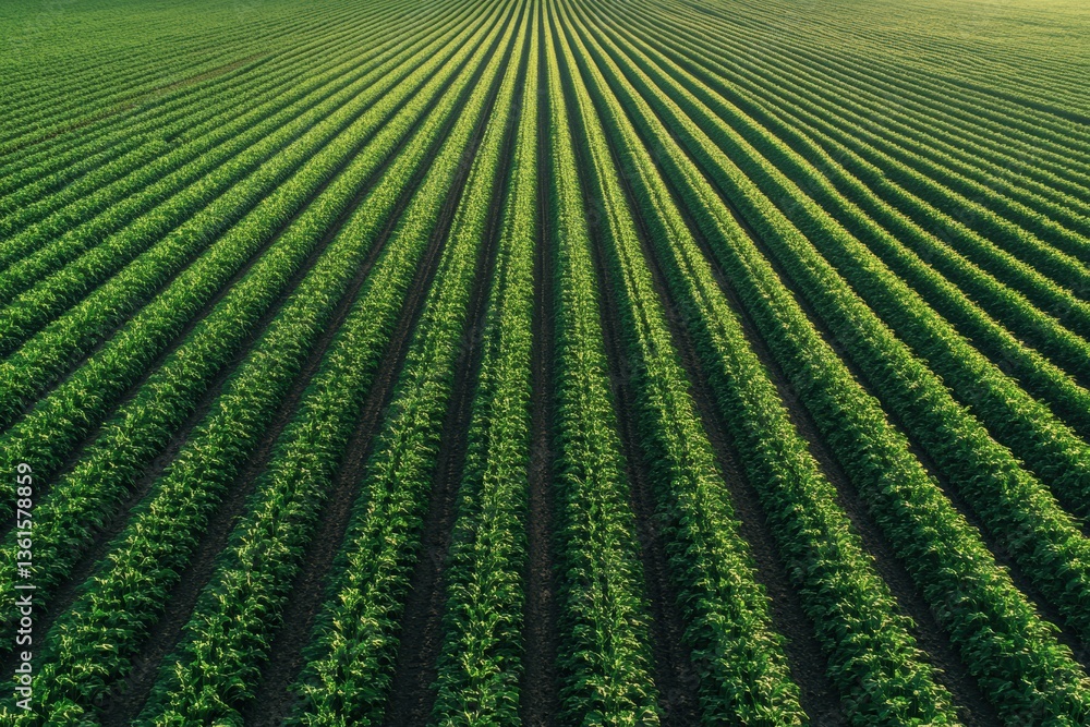Poster Perfectly aligned green crop rows creating a stunning minimalist landscape in soft lighting during the golden hour Generative AI