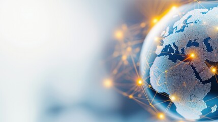 Globe surrounded by a network of dots representing global connectivity and communication in a digital world