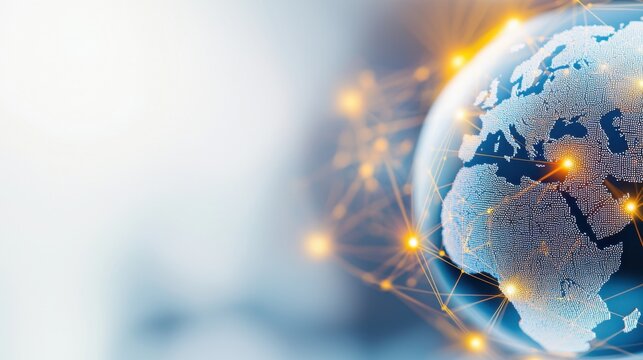 Globe surrounded by a network of dots representing global connectivity and communication in a digital world