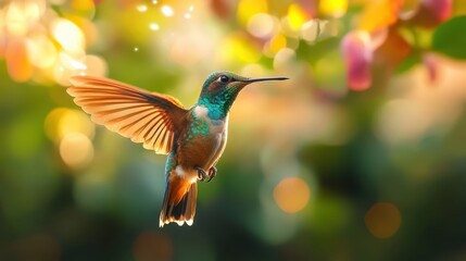 Fototapeta premium Colorful hummingbird hovering in sunlight during a bright afternoon in a lush garden