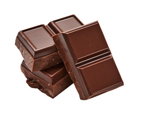 dark chocolate bar pieces stacked on white background