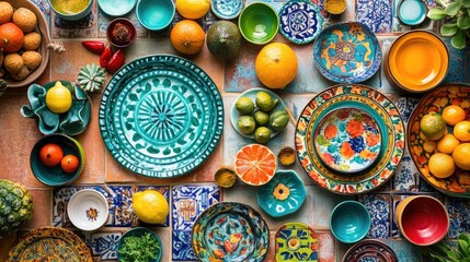Vibrant Fiesta: A Colorful Still Life of Mexican-Inspired Pottery and Citrus Fruits