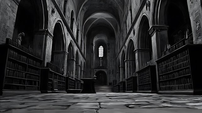 Dark gothic cathedral library interior.
