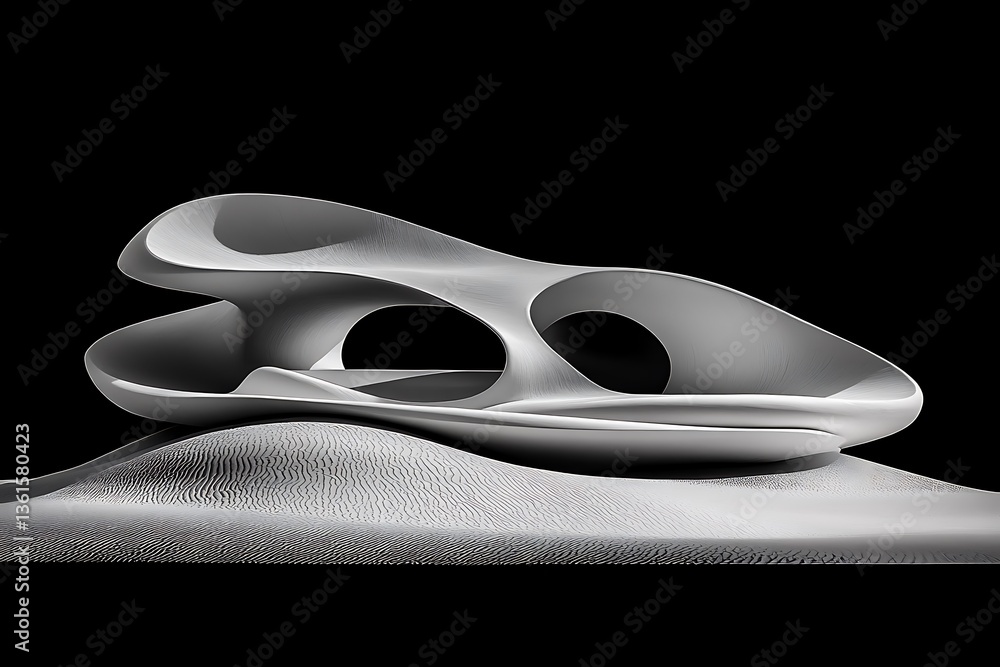 Poster abstract architectural design with flowing curves against a black backdrop