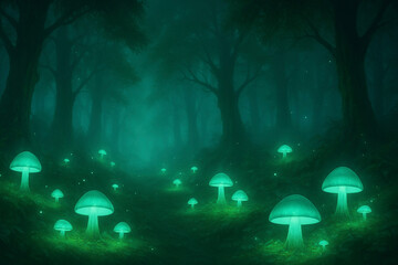 幻想的な発光キノコと深い森のファンタジー風景