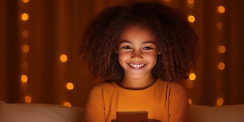 An adorable girl beaming at the camera, her eyes sparkling with joy as she holds a smartphone in a cozy setting with glowing fairy lights, capturing pure and authentic happiness.