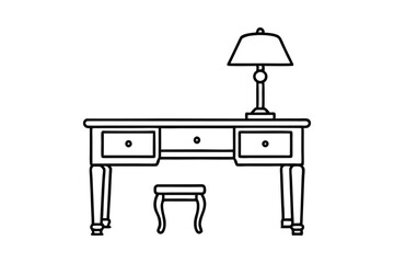 A line art drawing of a classic wooden writing desk with a drawer and a chair vector illustration.eps