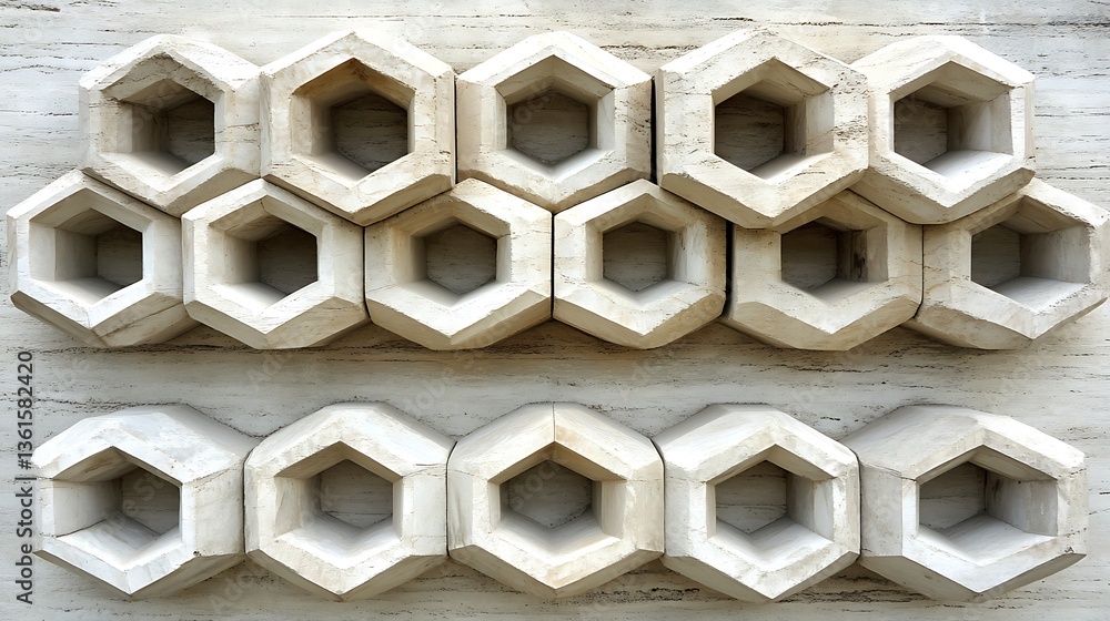 Poster architectural hexagonal elements with carved stone facade close up view