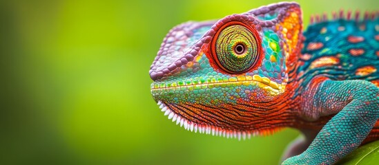 Fototapeta premium Closeup of a Vibrant and Detailed Colorful Chameleon Showcasing Intricate Skin Patterns Against a Soft Blurred Green Background