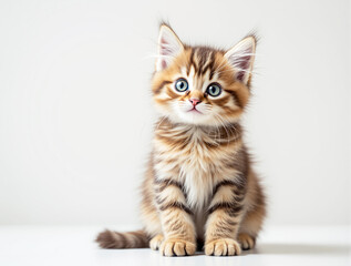 Cute fluffy kitten with blue eyes sitting on a white background. The animal's fur is soft and well-groomed, giving a warm and cozy impression. Ai generative