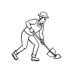 Fototapeta premium A line art drawing of a man wearing a hard hat and pants and holding a shovel in his right hand vector illustration.eps