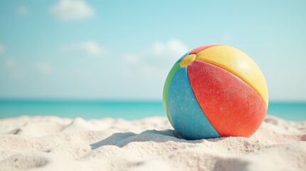 Obraz premium Red, blue, yellow beach ball on white sand near turquoise ocean under blue sky. Summer vacation and leisure concept with copy space