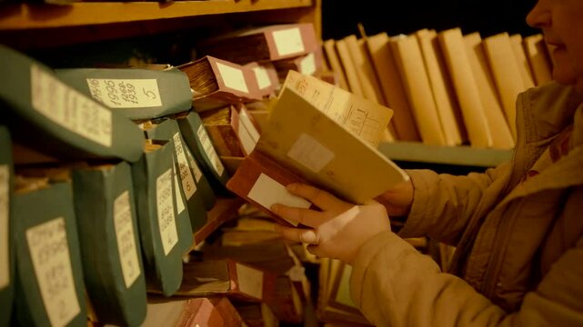 Organizing paper files in an old archive storage . 