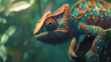 Fototapeta premium Detailed close-up view of a vibrantly colored chameleon displaying intricate skin patterns against a softly blurred natural green background
