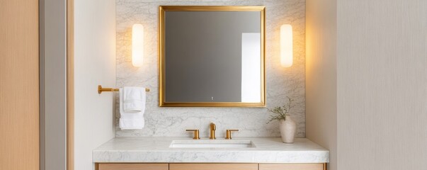 Opulent bathroom with a custom brass mirror, marble vanity, and golden light reflections