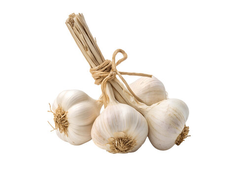 Garlic bulbs bundled together on a white background, transparent PNG cutout for culinary or food-related designs