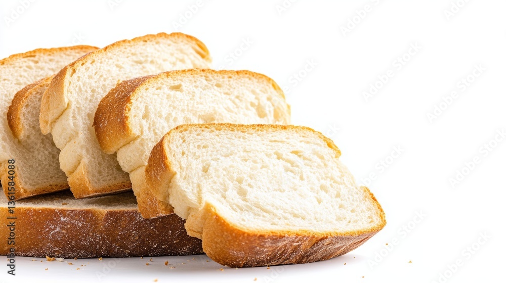Poster freshly baked white bread slices with soft texture on a minimalist plain white background