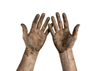 Dirty hands of a man isolated on a white transparent background PNG cutout