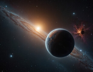 Obraz premium A stunning view of a planet orbiting near a vibrant galaxy at dawn, showcasing colorful celestial activity. Generative AI