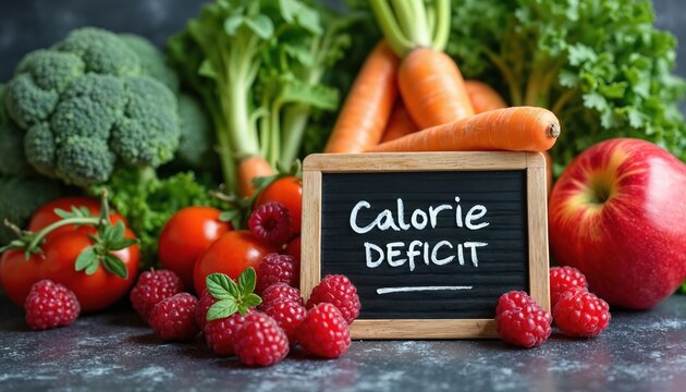 Assortment fresh vegetables fruits arrange. Chalkboard with Calorie Deficit inscription, emphasizing healthy eating, weight loss. Healthy foods. Variety organic products. Nutritional diet. Fitness